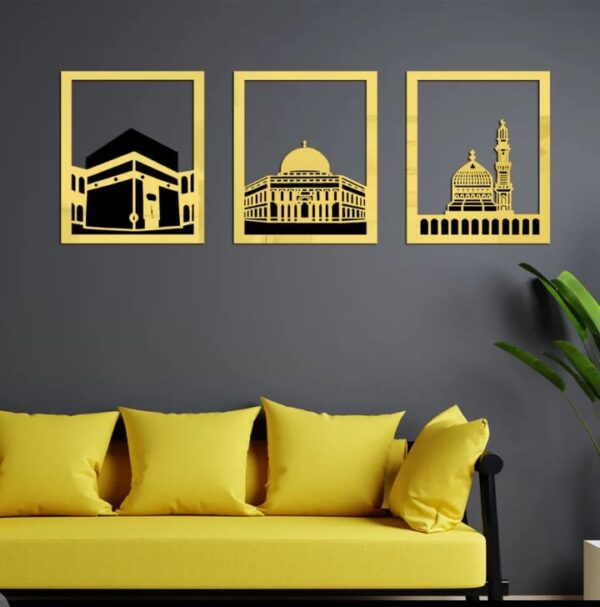 Set Of 3 Masjid Al-Haram - Masjid Al-Aqsa & Masjid An-Nabawi Wall Decor Wall Golden